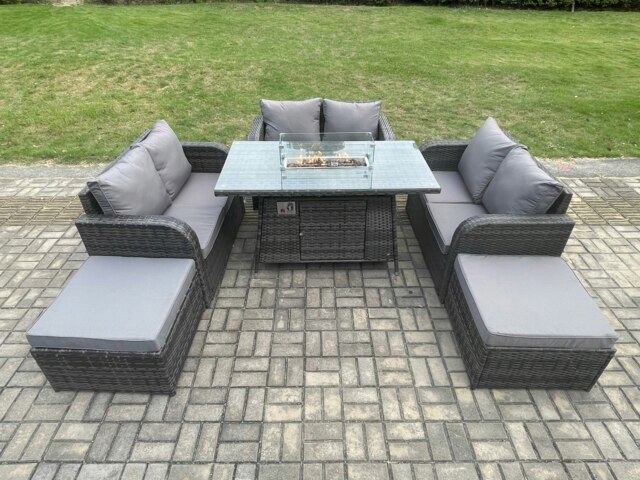 Rackhams 8 Seater Rattan Outdoor Garden Furniture Sofa Set Gas Fire Pit Dining Table Gas Heater with Love Sofa 2 Big Footstool Dark Grey Mixed - image 1