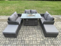 Rackhams 8 Seater Rattan Outdoor Garden Furniture Sofa Set Gas Fire Pit Dining Table Gas Heater with Love Sofa 2 Big Footstool Dark Grey Mixed - thumbnail 1