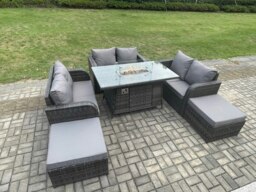 Rackhams 8 Seater Rattan Outdoor Garden Furniture Sofa Set Gas Fire Pit Dining Table Gas Heater with Love Sofa 2 Big Footstool Dark Grey Mixed - thumbnail 2
