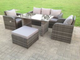Rackhams Rattan Garden Furniture Set Adjustable Chair Sofa Lounge 3 Seater Sofa Rectangular Dining Black Glass Table Footstool - thumbnail 2