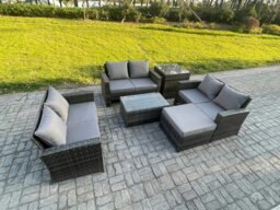 Rackhams Dark Grey 7 Seater Outdoor Rattan Garden Furniture Set Patio Love Sofa Rectangular Coffee Table Set with Big Footstool Side Table - thumbnail 2