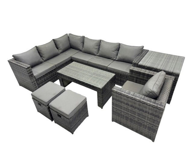 Rackhams 7 Pieces Outdoor PE Rattan Garden Furniture Corner Sofa Oblong Coffee Table Set with Cushions 2 Small Stools Side Table Dark Grey Mixed - image 1