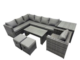 Rackhams 7 Pieces Outdoor PE Rattan Garden Furniture Corner Sofa Oblong Coffee Table Set with Cushions 2 Small Stools Side Table Dark Grey Mixed