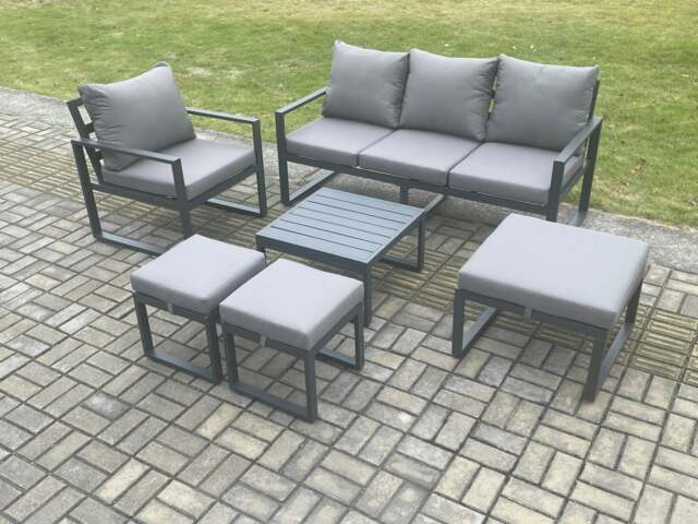 Rackhams Aluminium Outdoor Garden Furniture Set Lounge Sofa Chair Square Coffee Table Sets with 3 Footstools Dark Grey - image 1