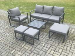 Rackhams Aluminium Outdoor Garden Furniture Set Lounge Sofa Chair Square Coffee Table Sets with 3 Footstools Dark Grey - thumbnail 1