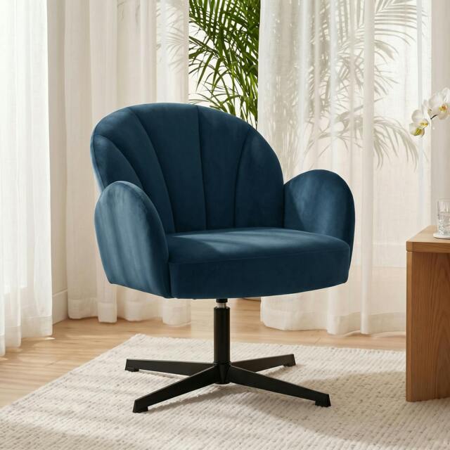 Rackhams Modern Accent Chair, Shell Swivel Armchair, Velvet-Feel Fabric - Dark Blue - image 1
