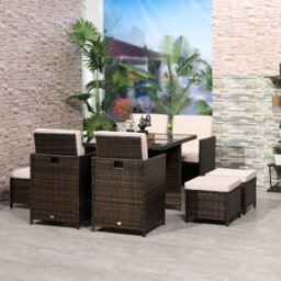 Rackhams Rattan Dining Set Garden Furniture Cube Table Chair Stool Cushion Seat - Khaki - Aluminium, PE rattan - 116L x 116W x 74H cm - thumbnail 2