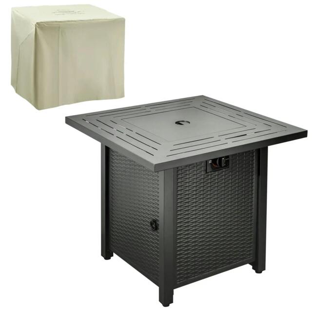 Rackhams Square Propane Gas Fire Pit Table, 40000 BTU Rattan Smokeless Firepit Patio Heater with Protective Cover, Glass beads and Lid, Black - image 1