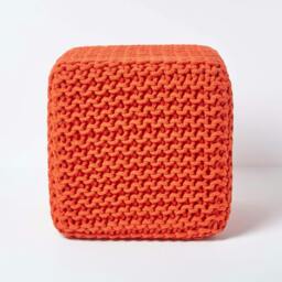 Rackhams Cube Cotton Knitted Pouffe Footstool Bean Filled Hand Knitted - Burnt Orange