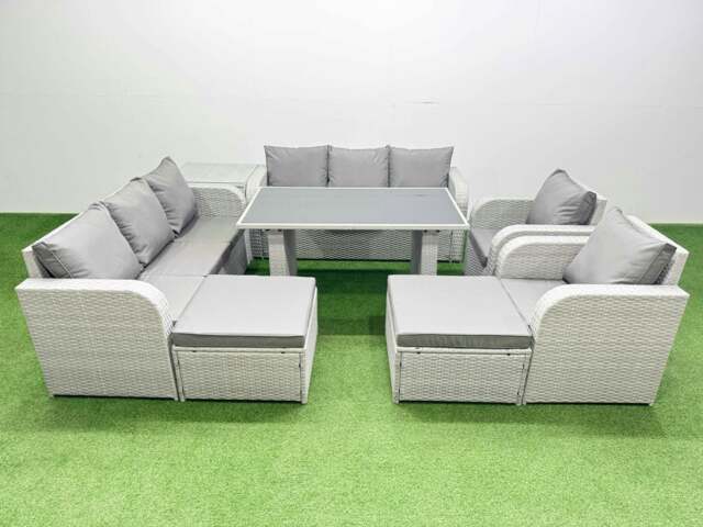 Rackhams 10 Seater Wicker PE Rattan Furniture Outdoor Dining Table 3 Seater Sofa Reclining Chair Set with Side Table 2 Big Stools Light Grey - image 1