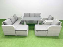 Rackhams 10 Seater Wicker PE Rattan Furniture Outdoor Dining Table 3 Seater Sofa Reclining Chair Set with Side Table 2 Big Stools Light Grey - thumbnail 1