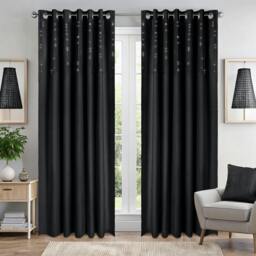 Rackhams Triple Woven Blackout Velvet Diamante Ring Top Curtains - Black - 117cm width x 137cm drop - thumbnail 1