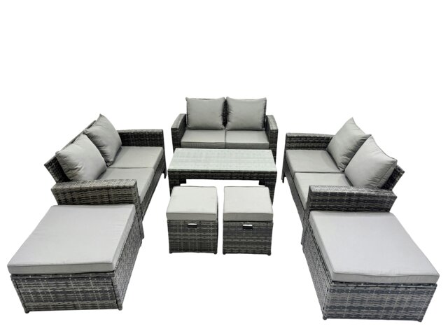Rackhams Outdoor Love Sofa Set 10 Seat Rattan Garden Furniture Set with Oblong Coffee Table 4 Stools Dark Grey Mixed - image 1
