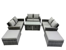 Rackhams Outdoor Love Sofa Set 10 Seat Rattan Garden Furniture Set with Oblong Coffee Table 4 Stools Dark Grey Mixed - thumbnail 2