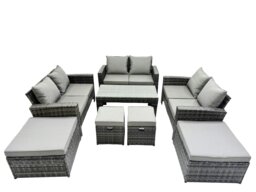 Rackhams Outdoor Love Sofa Set 10 Seat Rattan Garden Furniture Set with Oblong Coffee Table 4 Stools Dark Grey Mixed - thumbnail 1