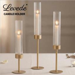 Rackhams Candle Holder Gold Metal Glass Tube Candlestick Holders Set of 3 Decor - thumbnail 2