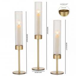 Rackhams Candle Holder Gold Metal Glass Tube Candlestick Holders Set of 3 Decor - thumbnail 3