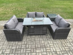 Rackhams Rattan Outdoor Garden Furniture Sofa Set Gas Fire Pit Dining Table Gas Heater with Side Table Love Sofa Dark Grey Mixed - thumbnail 1