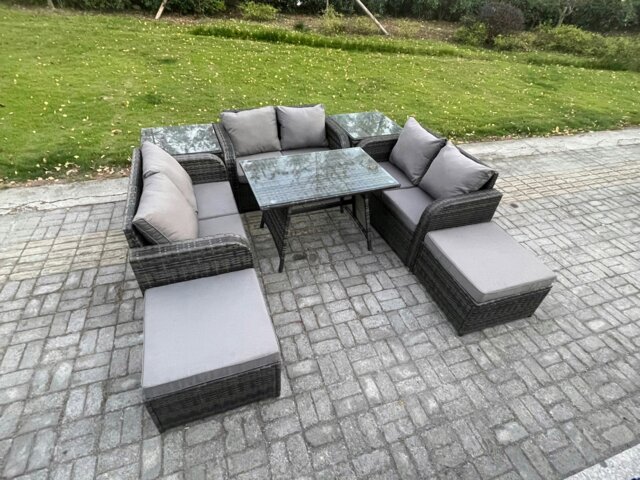 Rackhams Outdoor Rattan Garden Furniture Set 8 Seater Patio Love Sofa Set with Rectangular Dining Table 2 Big Footstool 2 Side Tables Dark Grey Mixed - image 1