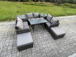 Rackhams Outdoor Rattan Garden Furniture Set 8 Seater Patio Love Sofa Set with Rectangular Dining Table 2 Big Footstool 2 Side Tables Dark Grey Mixed - thumbnail 1