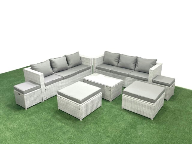Rackhams 7 Pieces Rattan Garden Furniture Set Outdoor Garden Sofa Coffee Table Set with 4 Footstools Light Grey Mixed - image 1
