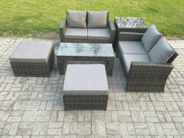 Rackhams High Back Rattan Garden Furniture Sofa Sets with Rectangular Coffee Table Side Table 2 Big Footstool Dark Grey Mixed - image 1