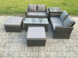 Rackhams High Back Rattan Garden Furniture Sofa Sets with Rectangular Coffee Table Side Table 2 Big Footstool Dark Grey Mixed - thumbnail 1
