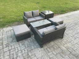 Rackhams High Back Rattan Garden Furniture Sofa Sets with Rectangular Coffee Table Side Table 2 Big Footstool Dark Grey Mixed - thumbnail 2