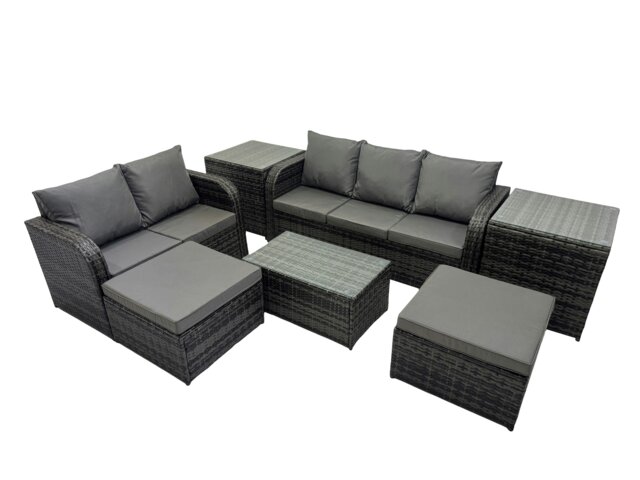 Rackhams Outdoor Love Sofa 3 Seater Sofa Coffee Table Set Garden Rattan Furniture Set 7 Seater with 2 Side Tables 2 Big Stool Dark Grey - image 1