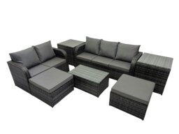 Rackhams Outdoor Love Sofa 3 Seater Sofa Coffee Table Set Garden Rattan Furniture Set 7 Seater with 2 Side Tables 2 Big Stool Dark Grey - thumbnail 1