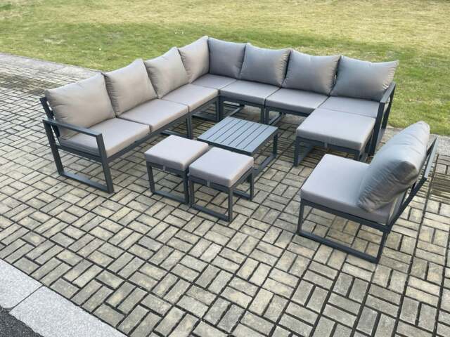 Rackhams 11 Seater Patio Outdoor Garden Furniture Aluminium Lounge Corner Sofa Set with Square Coffee Table 3 Footstools Dark Grey