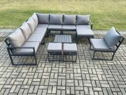 Rackhams 11 Seater Patio Outdoor Garden Furniture Aluminium Lounge Corner Sofa Set with Square Coffee Table 3 Footstools Dark Grey - thumbnail 2