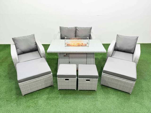 Rackhams 8 Seater PE Rattan Outdoor Garden Furniture Set with Gas Fire Pit Table, Love Sofa, 2 Big Footstools, 2 Small Footstools - Light Grey - image 1