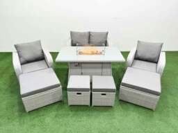 Rackhams 8 Seater PE Rattan Outdoor Garden Furniture Set with Gas Fire Pit Table, Love Sofa, 2 Big Footstools, 2 Small Footstools - Light Grey - thumbnail 1
