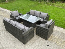 Rackhams 8 Seater Rattan Garden Furniture Set with 2 Sofas, Adjustable Dining Table & 2 Reclining Arm Chairs - Dark Grey - thumbnail 2