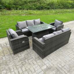 Rackhams 8 Seater Rattan Garden Furniture Set with 2 Sofas, Adjustable Dining Table & 2 Reclining Arm Chairs - Dark Grey - thumbnail 1