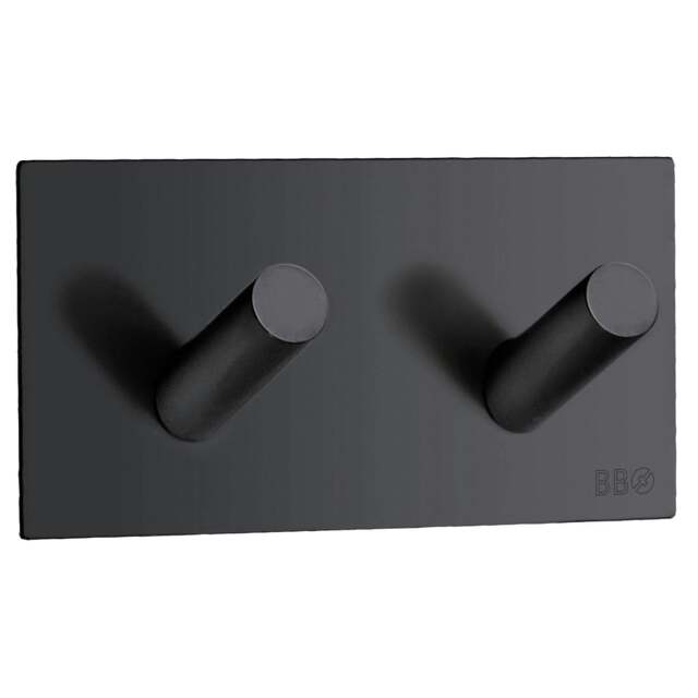 Rackhams Black Stainless Steel Double Towel Hook (90 x 45mm) Self Adhesive Bathroom Wall Mounted - image 1