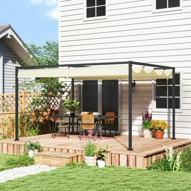 Rackhams 4x3m Metal Pergola Gazebo Patio Sunshelter Retractable Canopy Cream - image 1