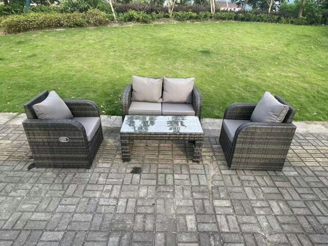 Rackhams Dark Grey PE Wicker Rattan Garden Furniture Set Love Sofa Reclining Chair Outdoor Rectangular Coffee Table 4 Seater - image 1