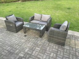 Rackhams Dark Grey PE Wicker Rattan Garden Furniture Set Love Sofa Reclining Chair Outdoor Rectangular Coffee Table 4 Seater - thumbnail 2