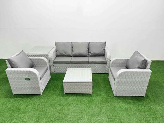 Rackhams PE Rattan Garden Furniture Set Reclining Chair Sofa Lounge Sofa Set Square Coffee Table Side Table Light Grey - image 1