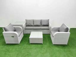 Rackhams PE Rattan Garden Furniture Set Reclining Chair Sofa Lounge Sofa Set Square Coffee Table Side Table Light Grey - thumbnail 1