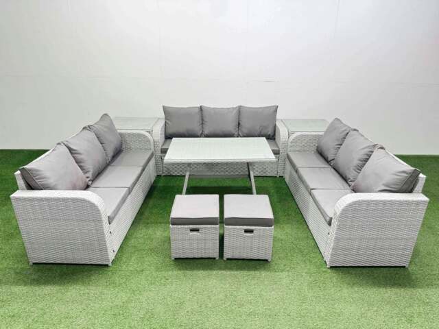 Rackhams 11 Seat Outdoor PE Rattan Garden Furniture with Cushions 3 Seater Sofa 2 Side Tables 2 Small Stools Light Grey - image 1