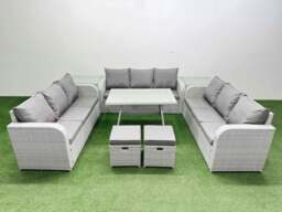 Rackhams 11 Seat Outdoor PE Rattan Garden Furniture with Cushions 3 Seater Sofa 2 Side Tables 2 Small Stools Light Grey - thumbnail 1