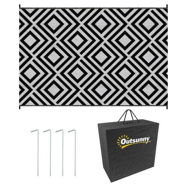 Rackhams Reversible Outdoor Rug, Plastic Straw Mat w/ Carry Bag Ground Stakes for Garden RV Picnic Beach Camping 182x274cm Black - image 1