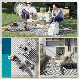 Rackhams Reversible Outdoor Rug, Plastic Straw Mat w/ Carry Bag Ground Stakes for Garden RV Picnic Beach Camping 182x274cm Black - thumbnail 4
