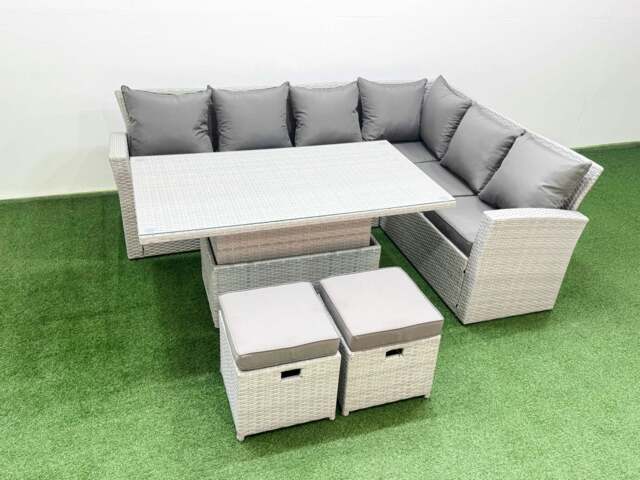 Rackhams 8 Seat Rattan Garden Furniture Corner Sofa Set Adjustable Lifting Dining or Coffee Table Set with Armchair 2 Small Footstools Light Grey - image 1