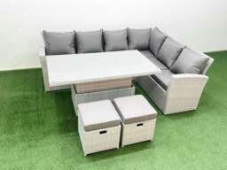 Rackhams 8 Seat Rattan Garden Furniture Corner Sofa Set Adjustable Lifting Dining or Coffee Table Set with Armchair 2 Small Footstools Light Grey - thumbnail 1