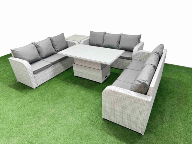 Rackhams 9 Seater Light Grey PE Rattan Outdoor Lounge Set - Adjustable Lifting Dining/Coffee Table, 3-Seater Sofa & Side Table - image 1