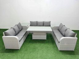 Rackhams 9 Seater Light Grey PE Rattan Outdoor Lounge Set - Adjustable Lifting Dining/Coffee Table, 3-Seater Sofa & Side Table - thumbnail 2